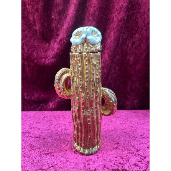 The Cat Vintage Other - Vintage Home Decor - Lidded Ceramic Container - Gold Saguaro Cactus - Arizona